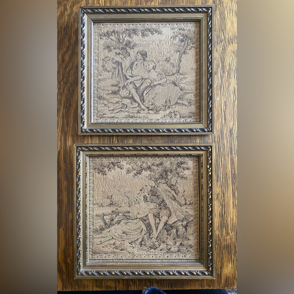 Two Vintage/antique Tapestries. Framed. Approx 7 1/4x 7 3/4”. each Shabby Chic